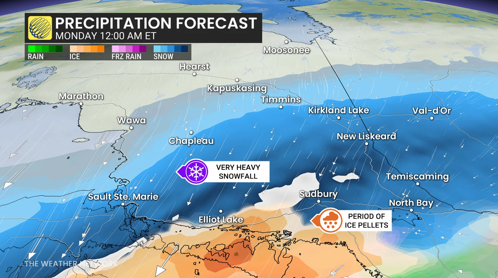 Ontario precipitation timing Monday midnight