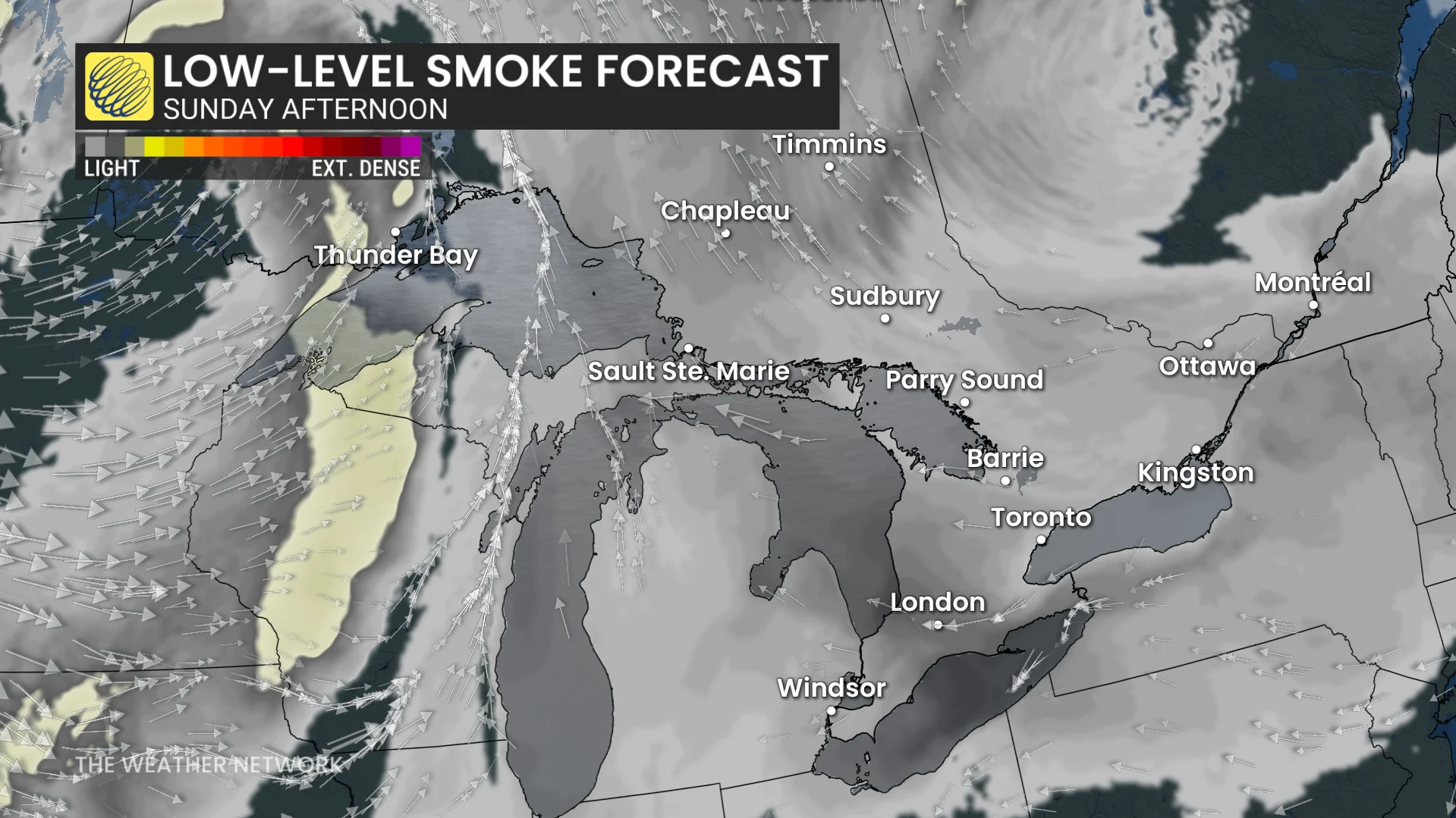 Ontario and Quebec low-level smoke forecast Sunday afternoon