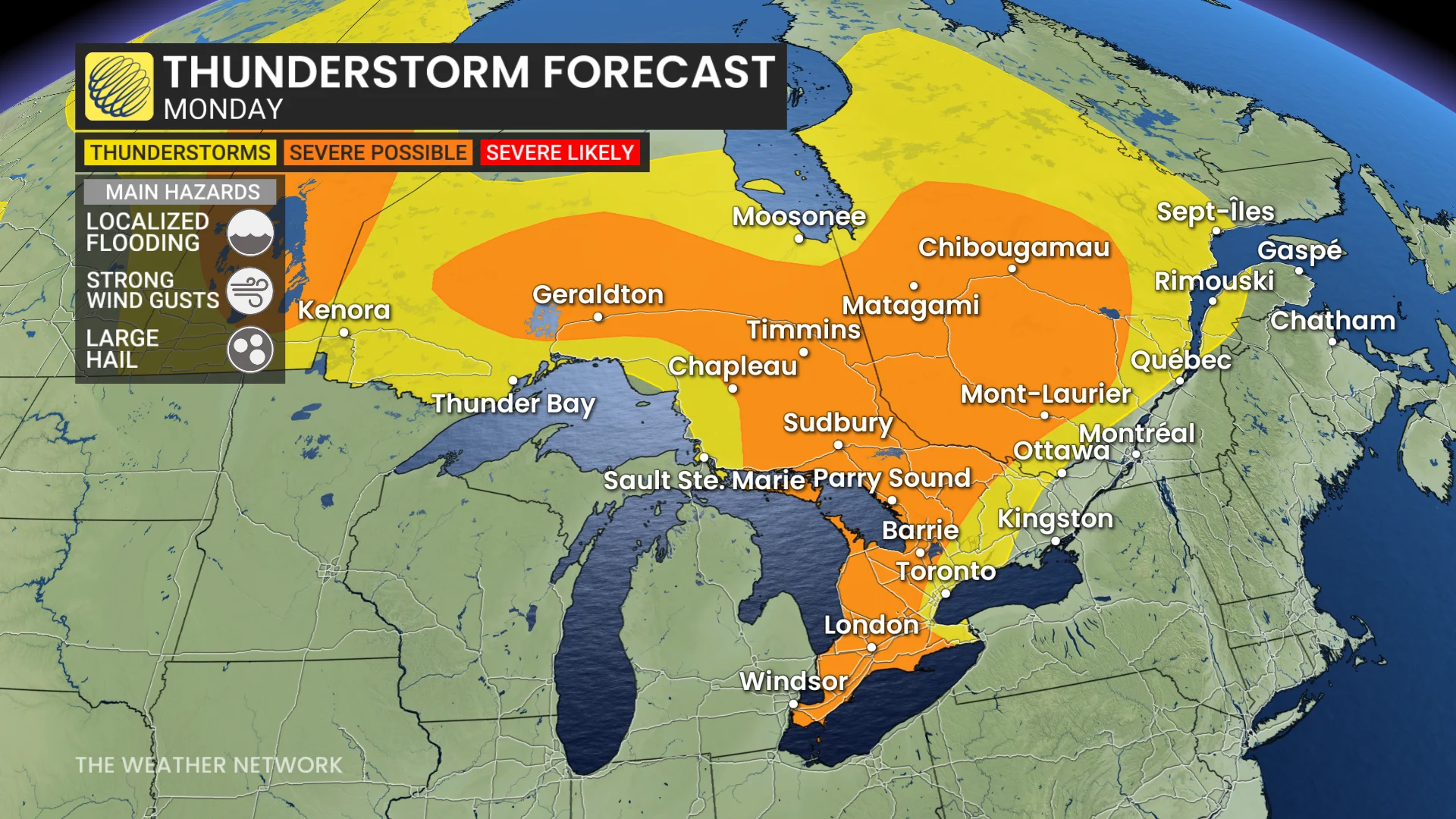 Ontario thunderstorm forecast Monday