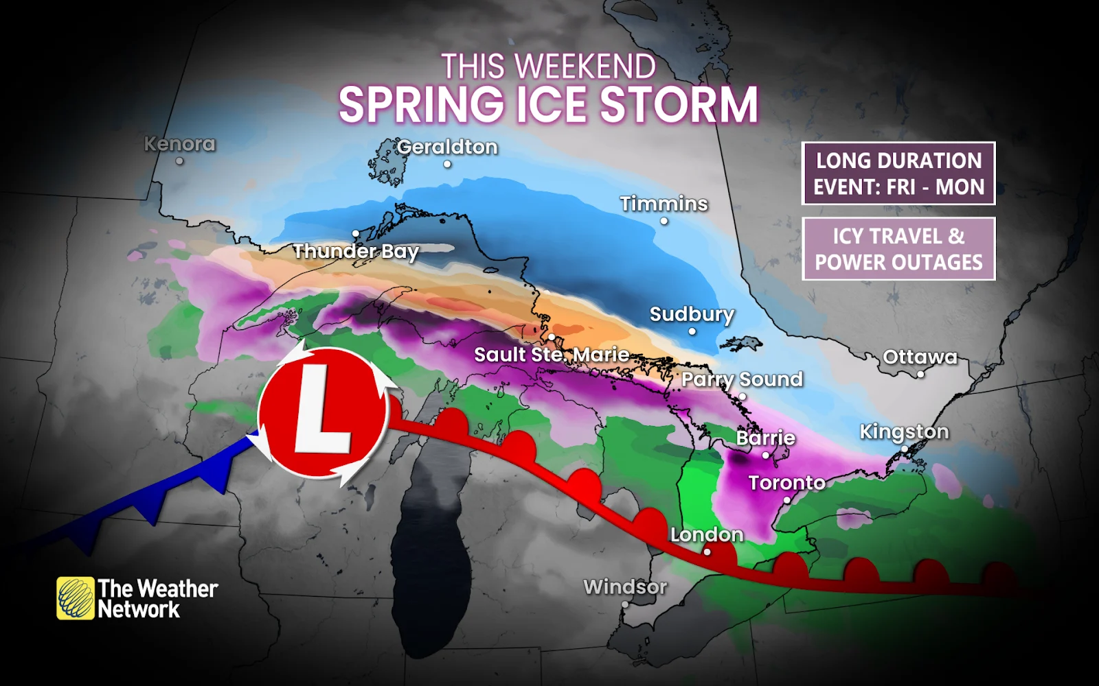 Ontario weekend spring ice storm overview - March 26, 2025
