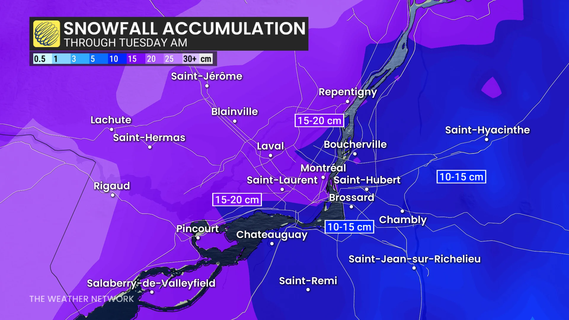 Zoomed-in Quebec snowfall accumulation through Tuesday morning