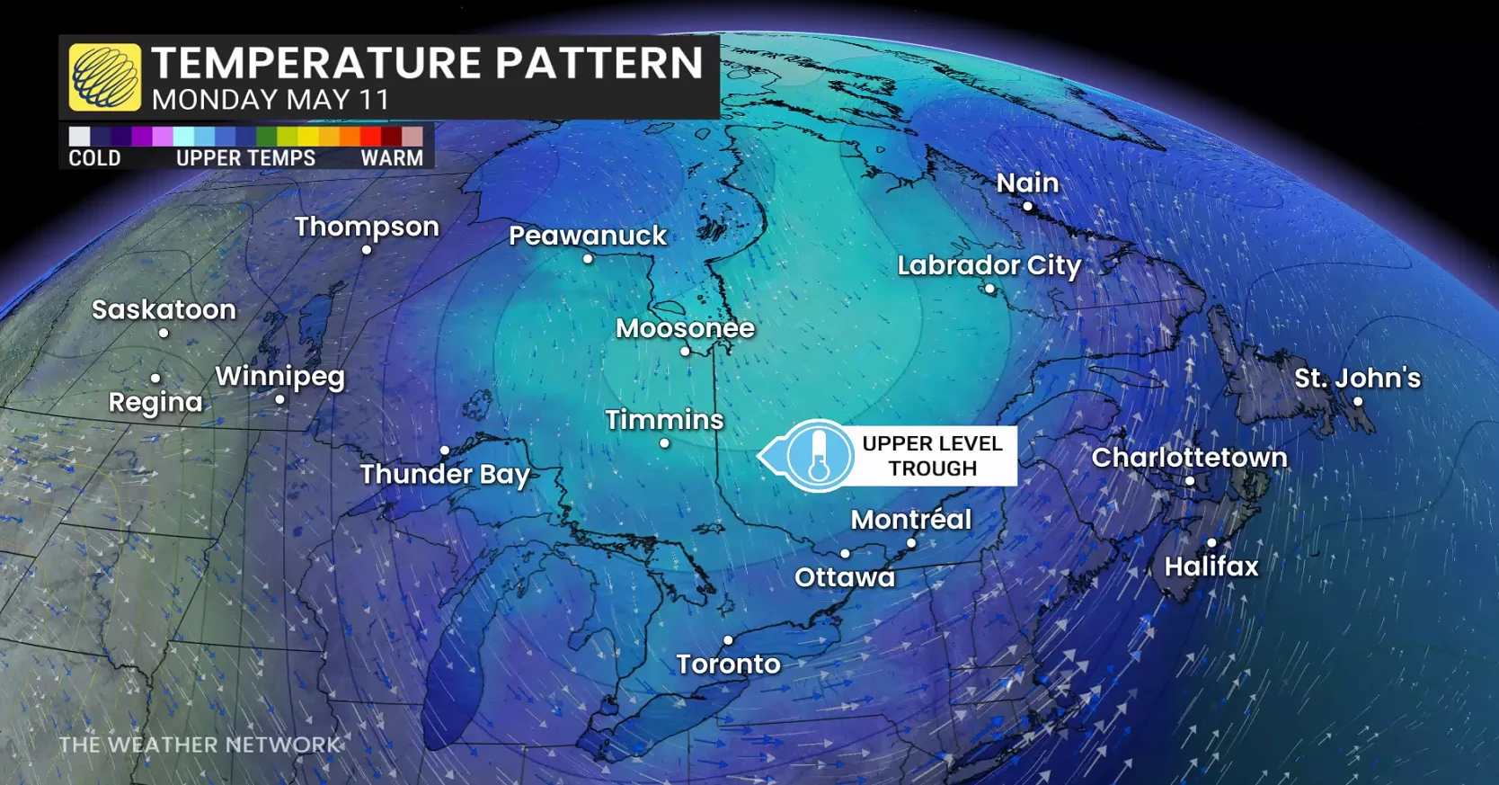 Ontario temperature pattern Monday, May 11