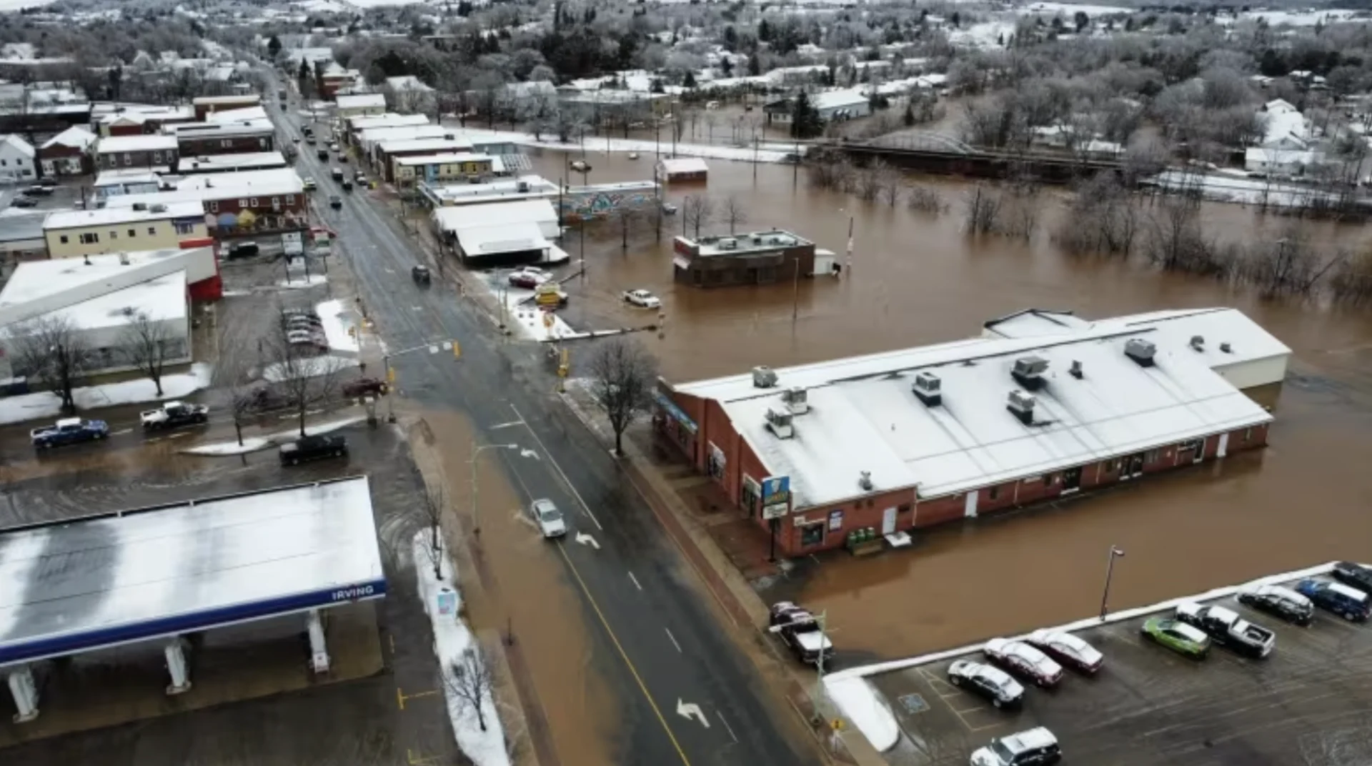 CBC: Sussex resident Luke Belyea went to check on his place of work Thursday morning and encountered flooding. Belyea flew his drone to get a better look. (Luke Belyea)