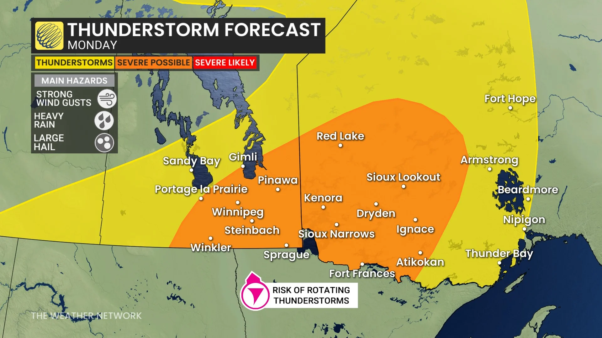 Manitoba-northwestern Ontario storm risk map Monday