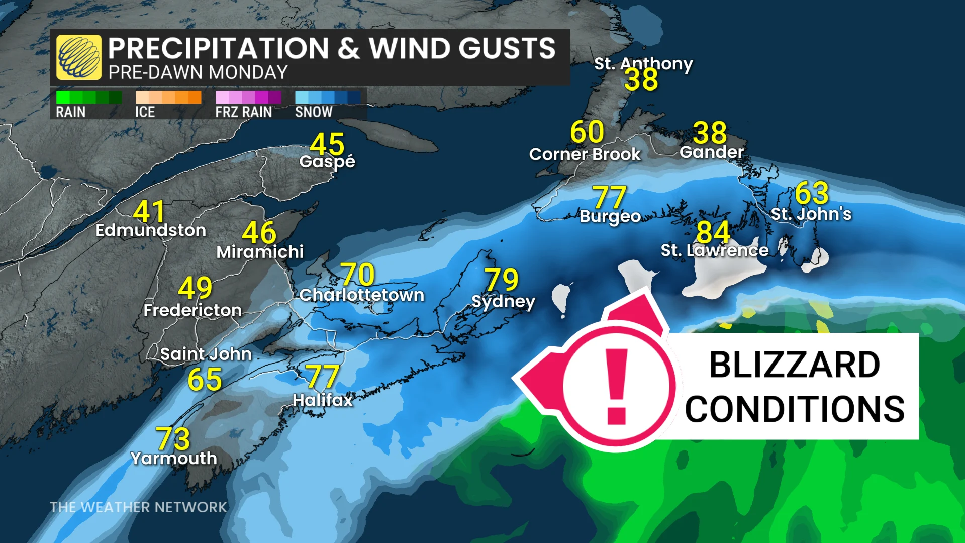 Atlantic Canada Precipitation PreDawn Monday