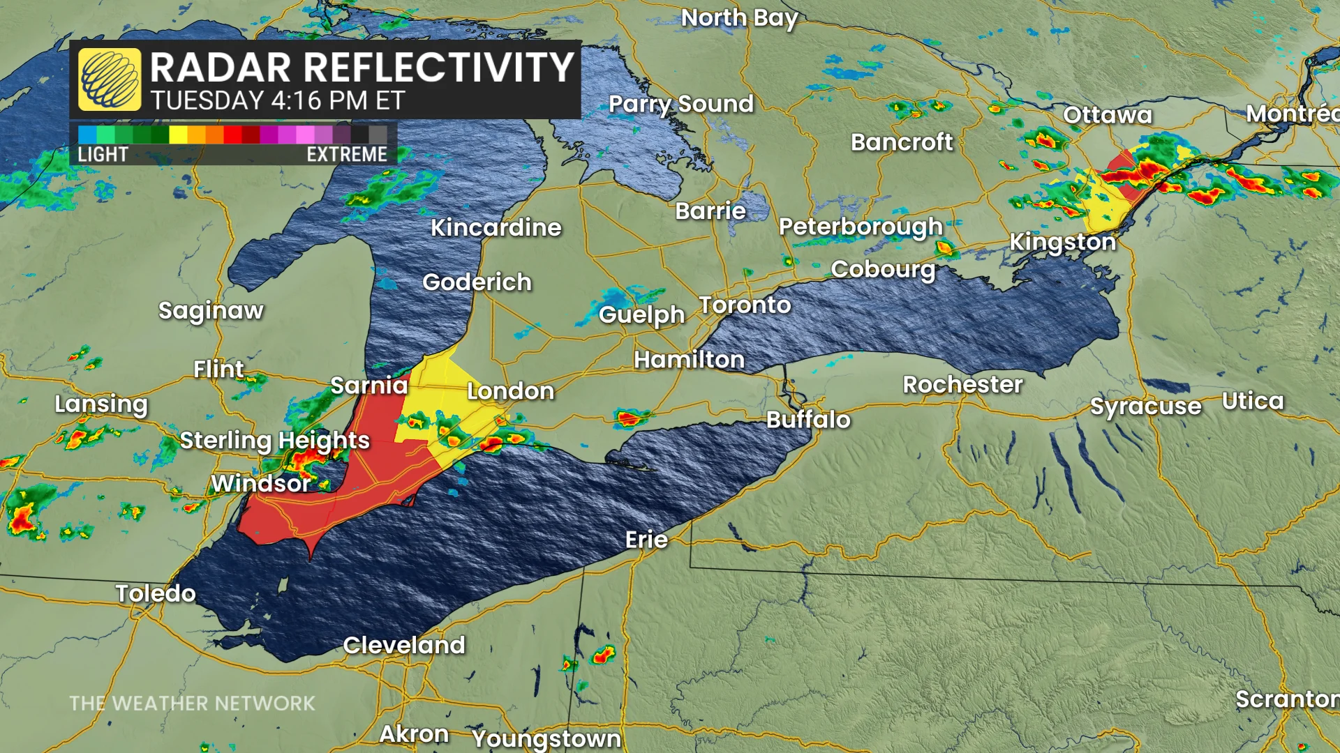 Radar Reflectivity, Ontario, Rain, Storm, Thunderstorm, June 24, 2025. (The Weather Network)