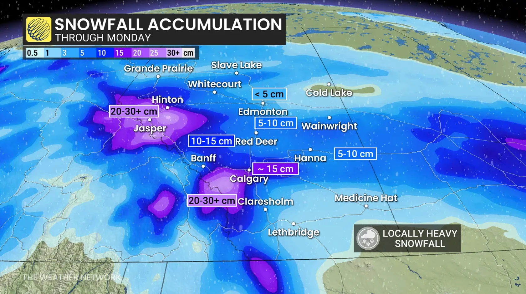 Alberta snowfall through Monday