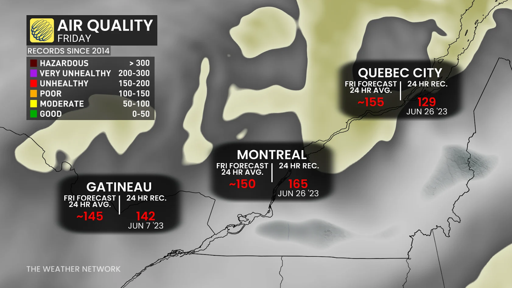 Southern Quebec average air quality over the last 24 hours - June 6, 2025