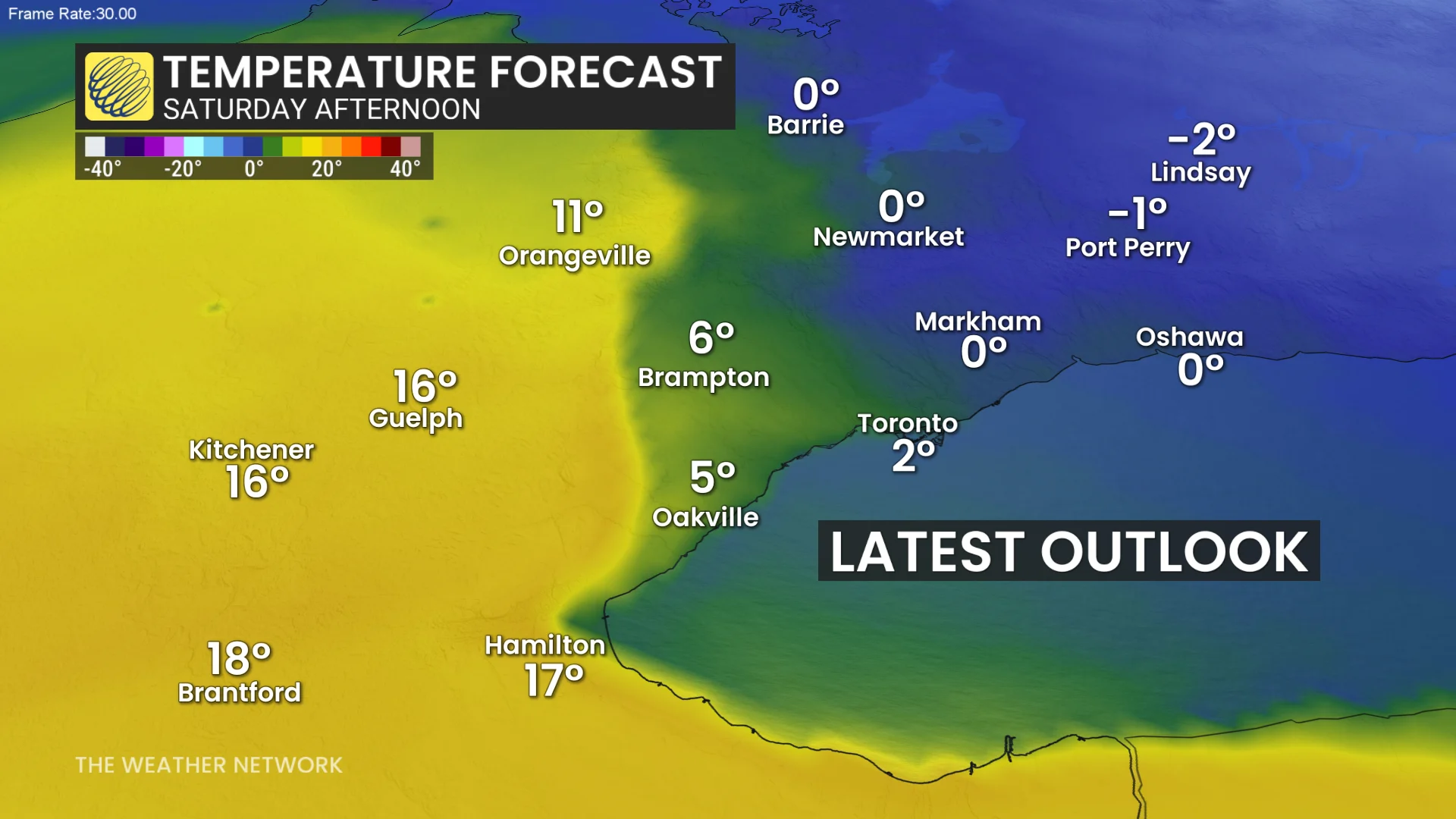 Greater Toronto Area (GTA) Saturday afternoon temperature contrast