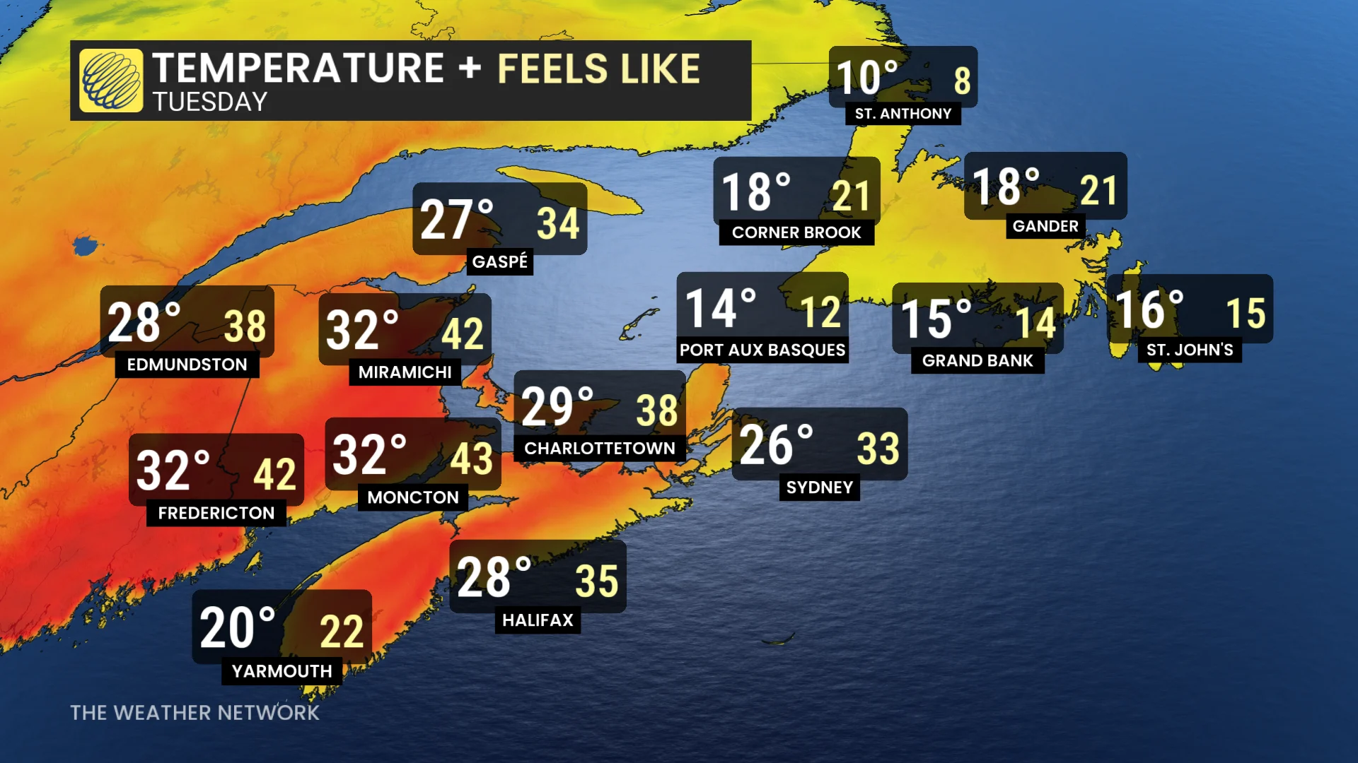 Baron - Atlantic Canada temperatures Tuesday - June 24