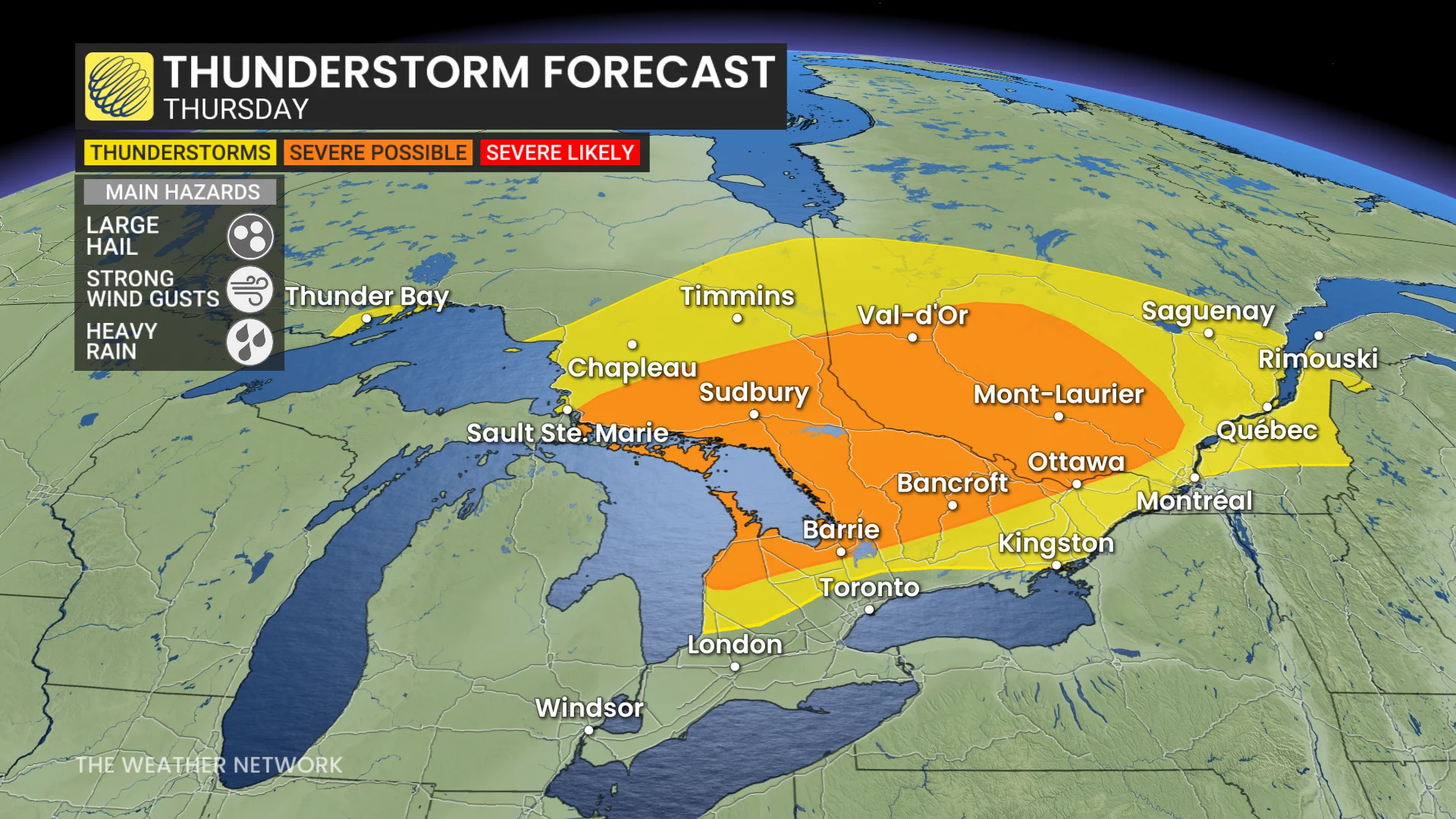 Southern Ontario Thursday thunderstorm risk map