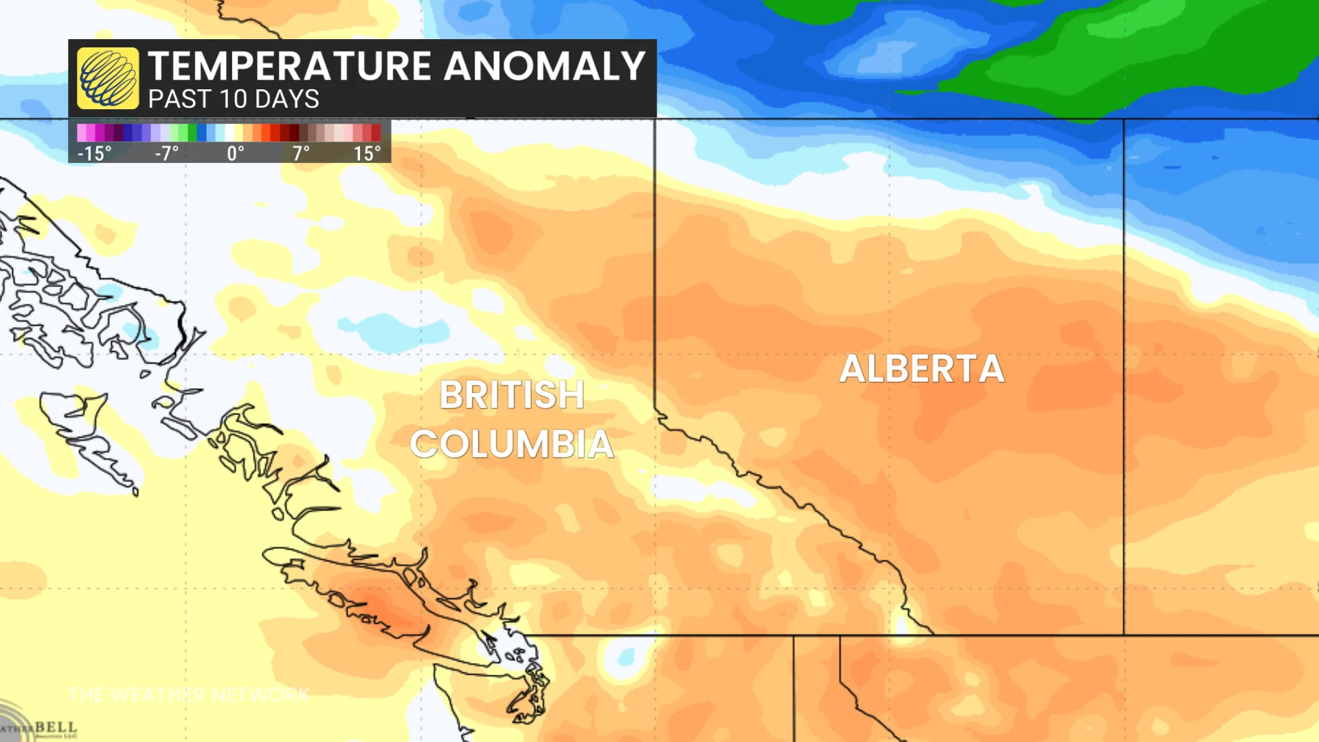 B.C. and Alberta temperature anomaly past 10 days