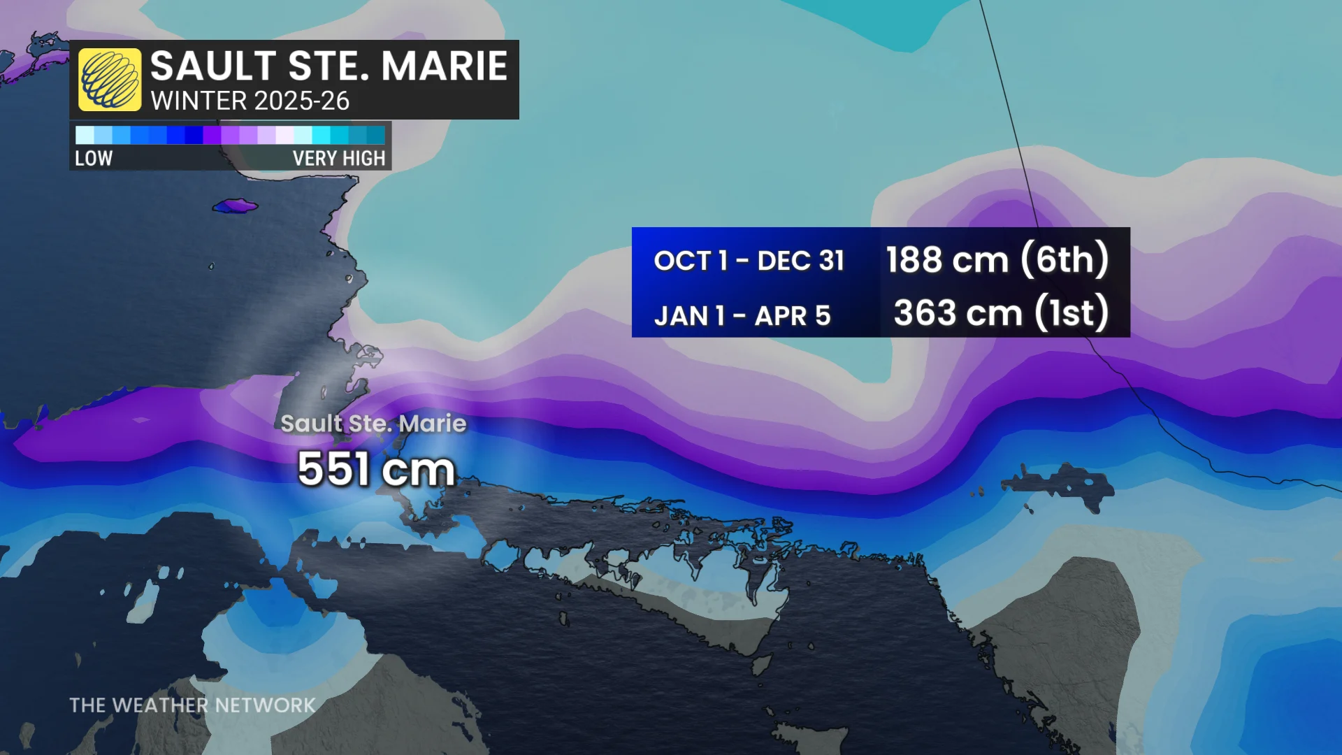 Sault Ste. Marie, Ont., snowfall 2025-26 winter map