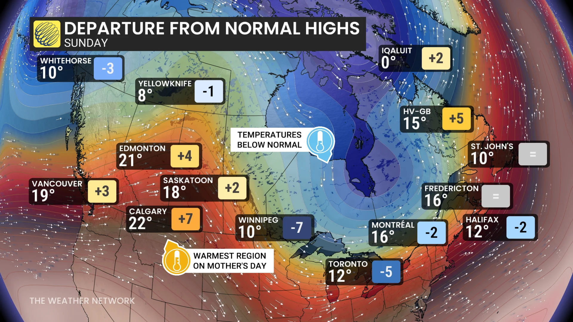 Sunday temperature departure from normals Canada