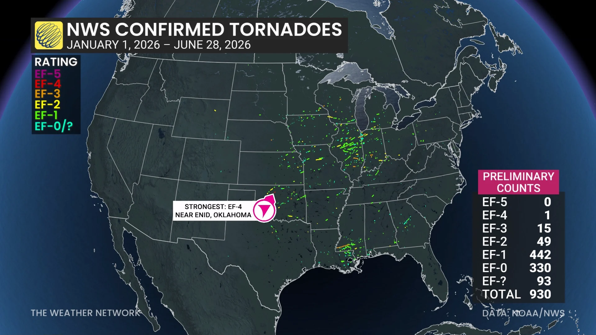 US Tornadoes Through June 28 2026
