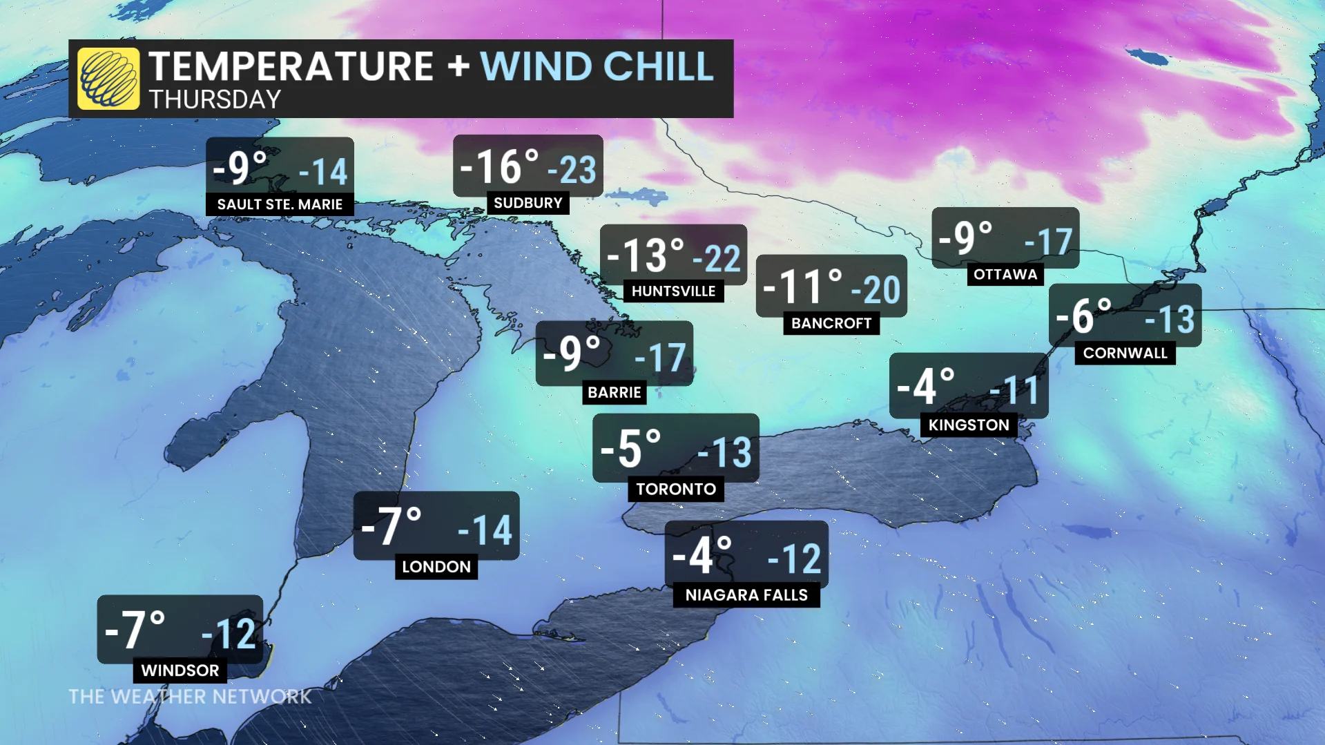 Ontario temperature and wind chill Thursday
