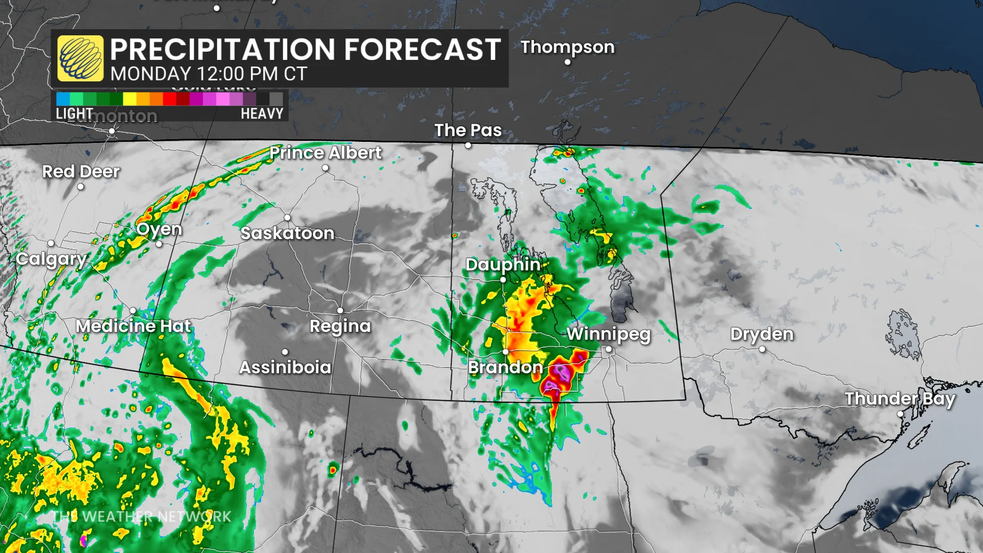 Prairies precipitation forecast Monday noon