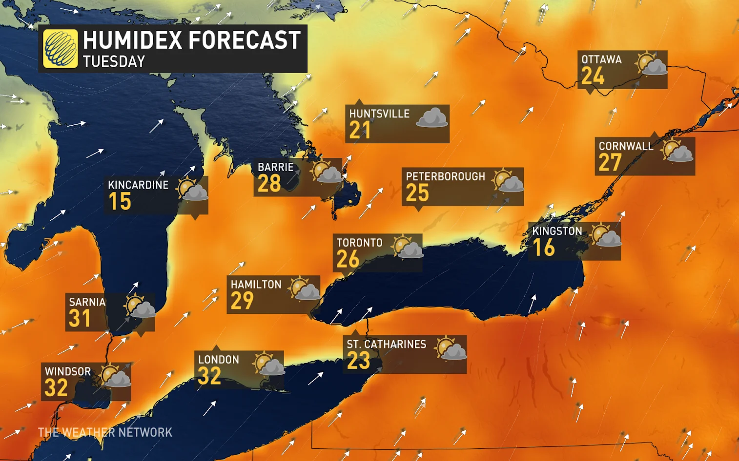 Southern Ontario Tuesday forecast conditions and humidex (unblurred) - April 28, 2025