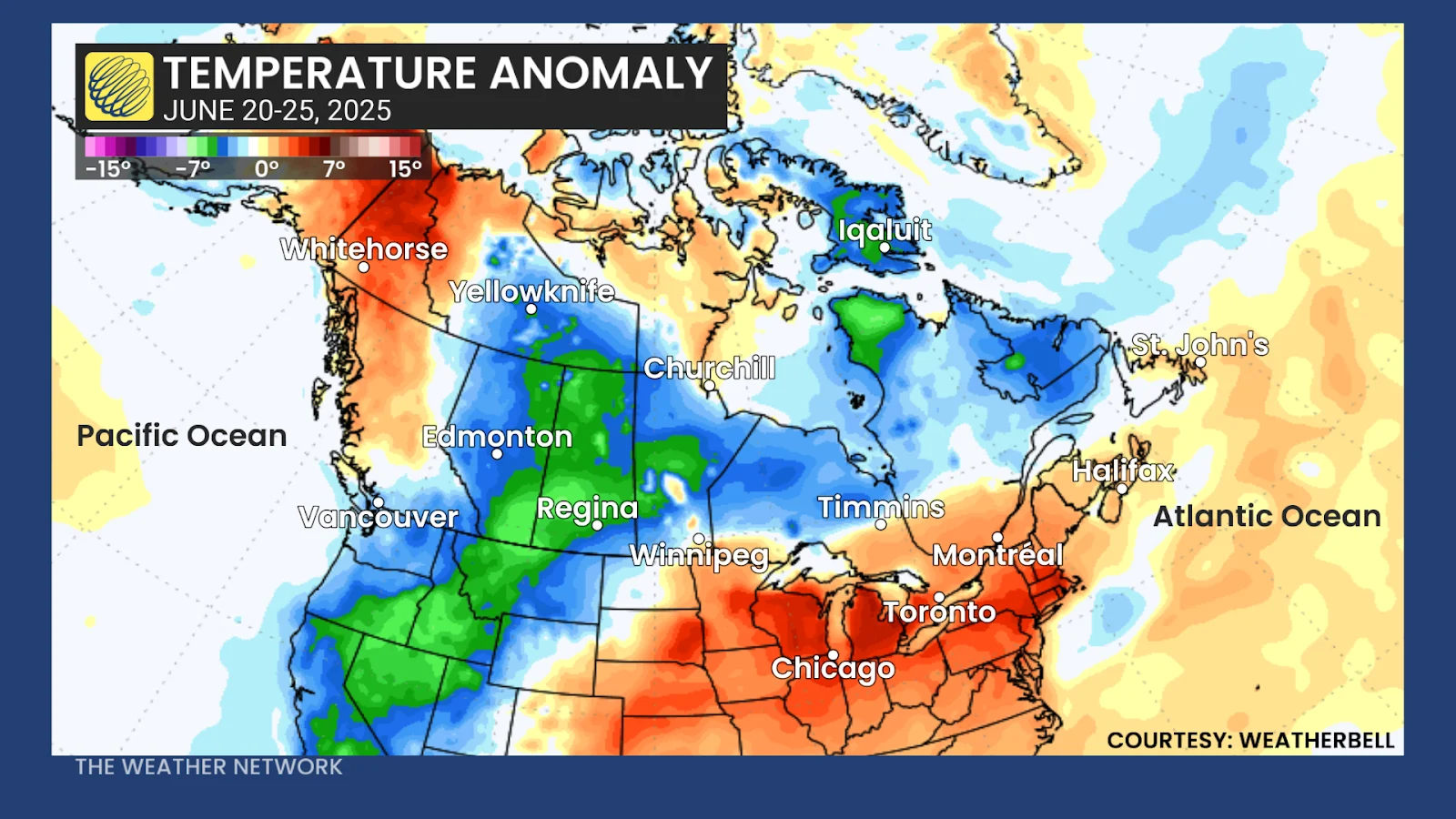 Canada Day weekend national temperature anomalies - June 25, 2025