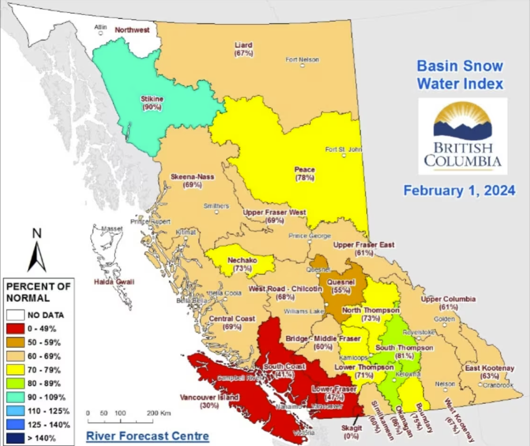 CBC: The latest data released Thursday by the B.C. River Forecast Centre shows low snow levels across many parts of the province, particularly the South Coast and Vancouver Island. (Submitted by B.C. River Forecast Centre)