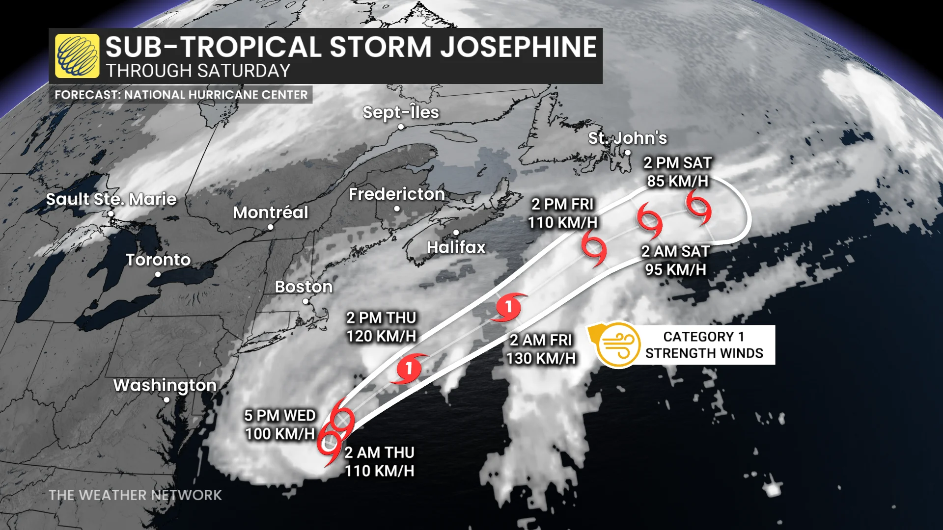 Subtropical Storm Josephine forecast track through Saturday