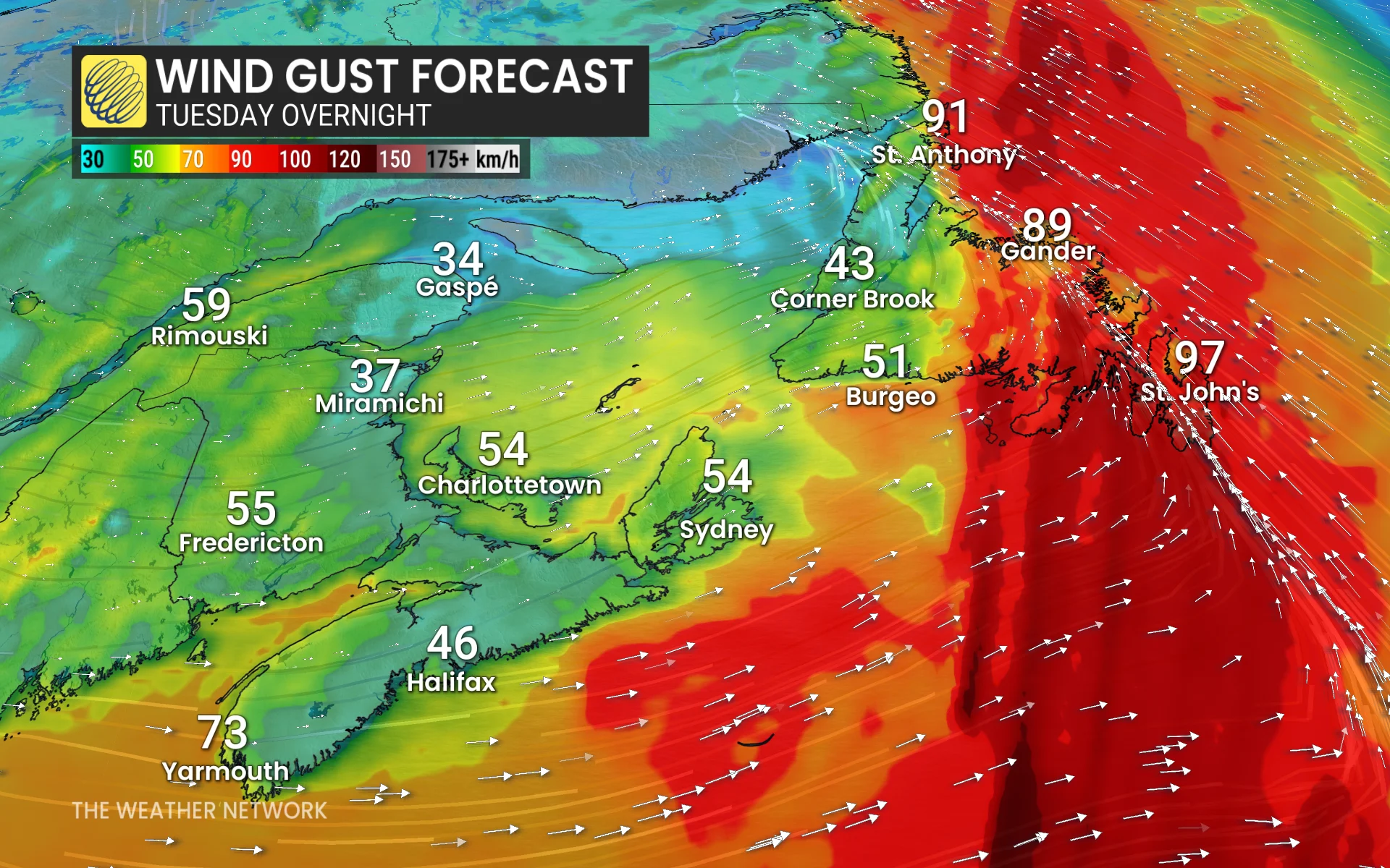 Atlantic Canada winds Tuesday overnight