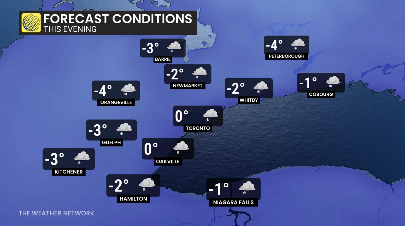Ontario temperatures and icons Saturday evening