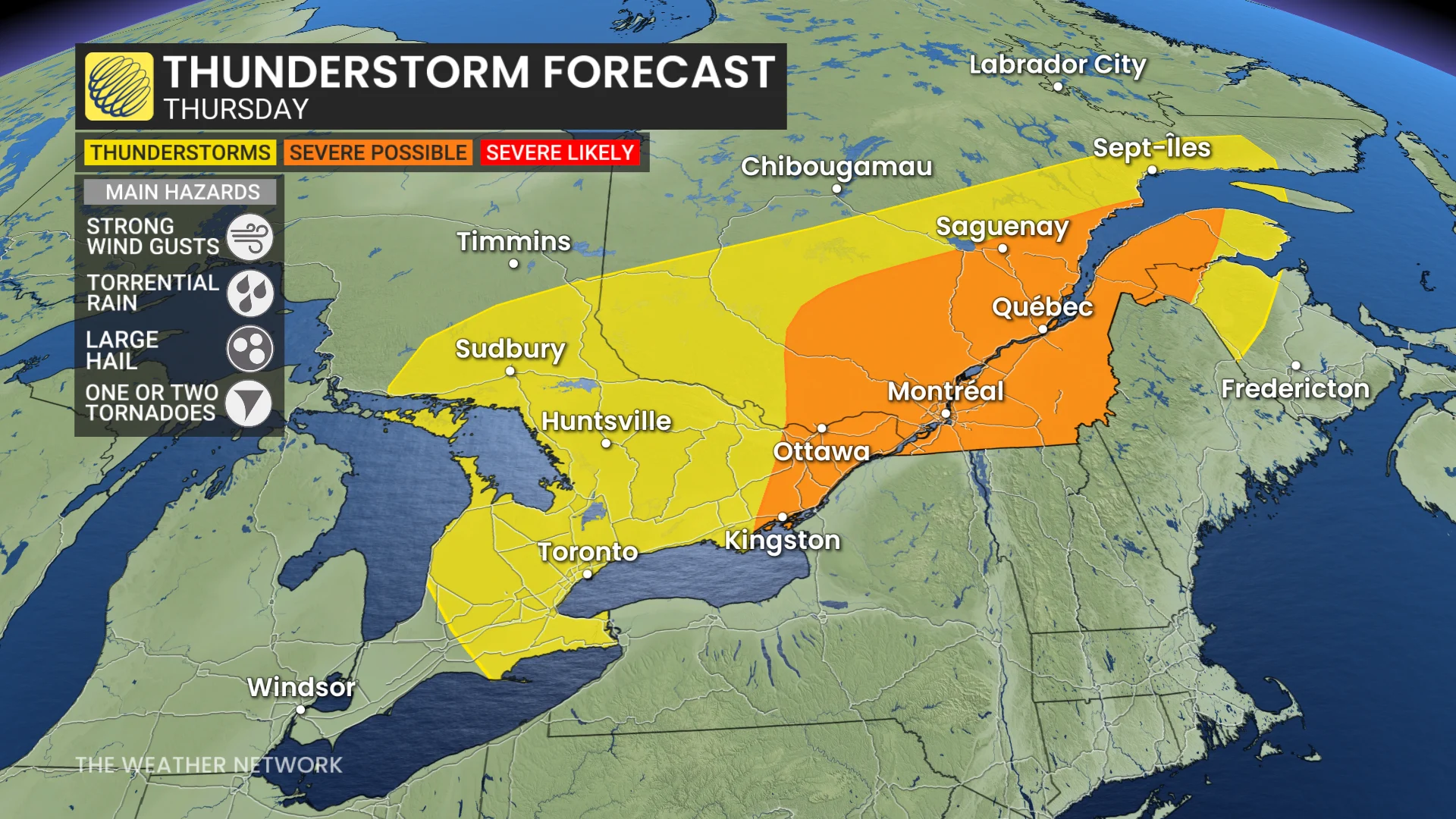 Ontario-Quebec storm risk map Thursday