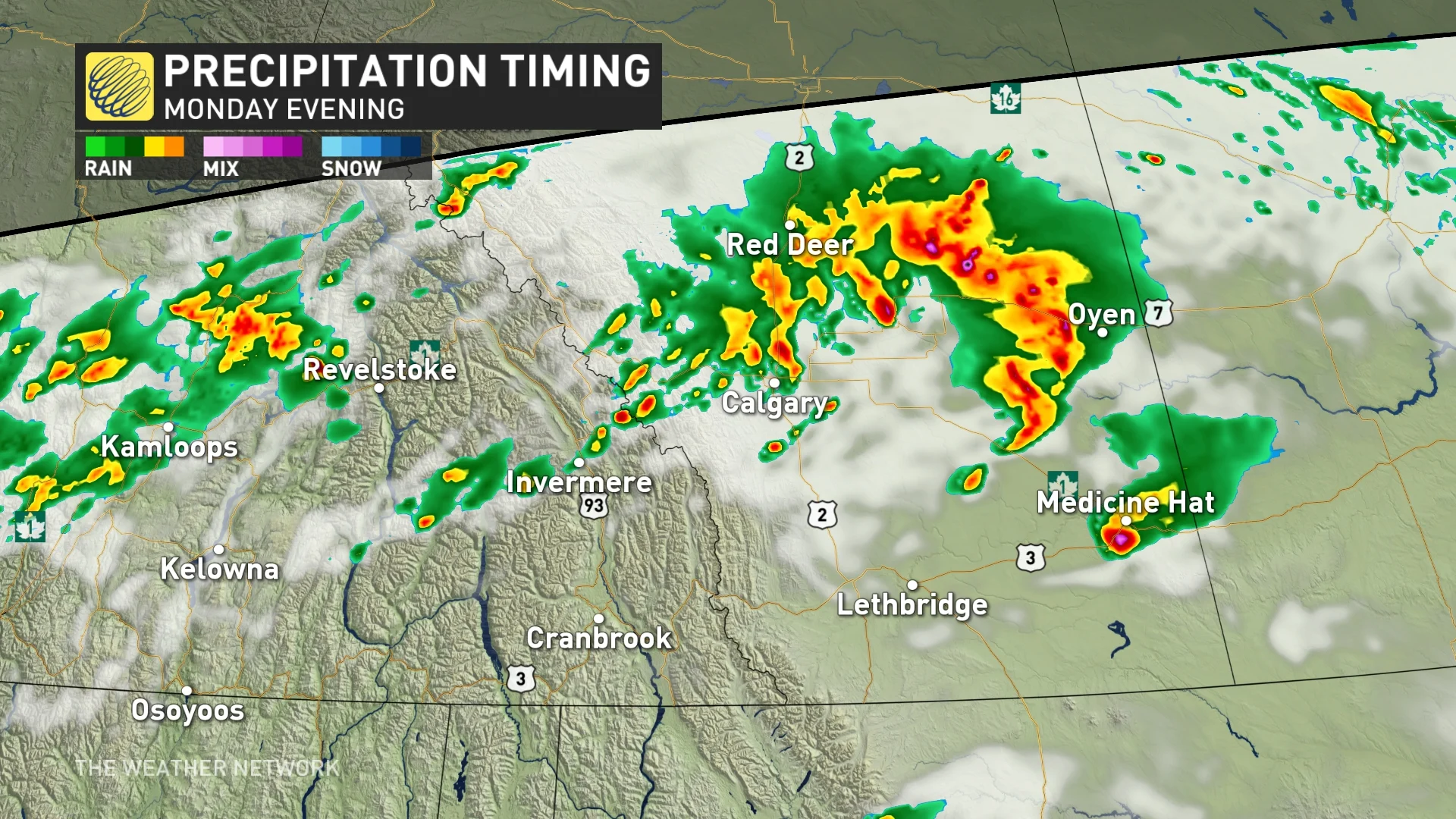 Alberta Monday evening precipitation timing