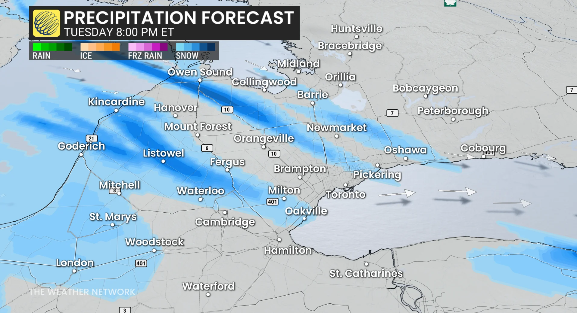 Ontario precipitation timing Tuesday evening