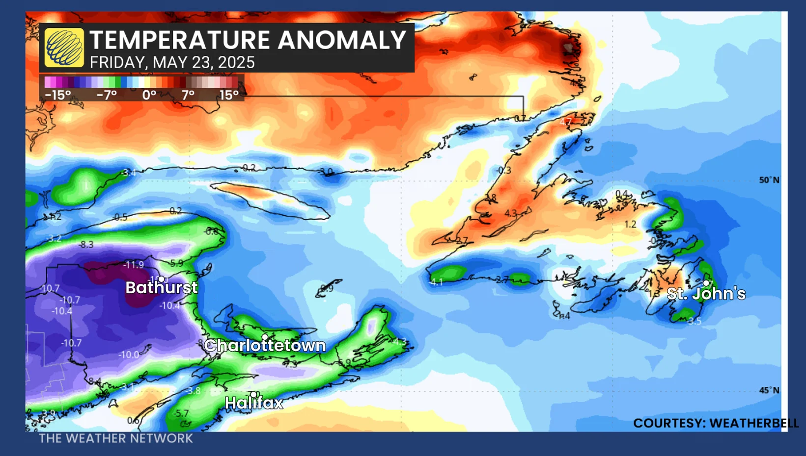 Friday temperature anomaly in Atlantic Canada