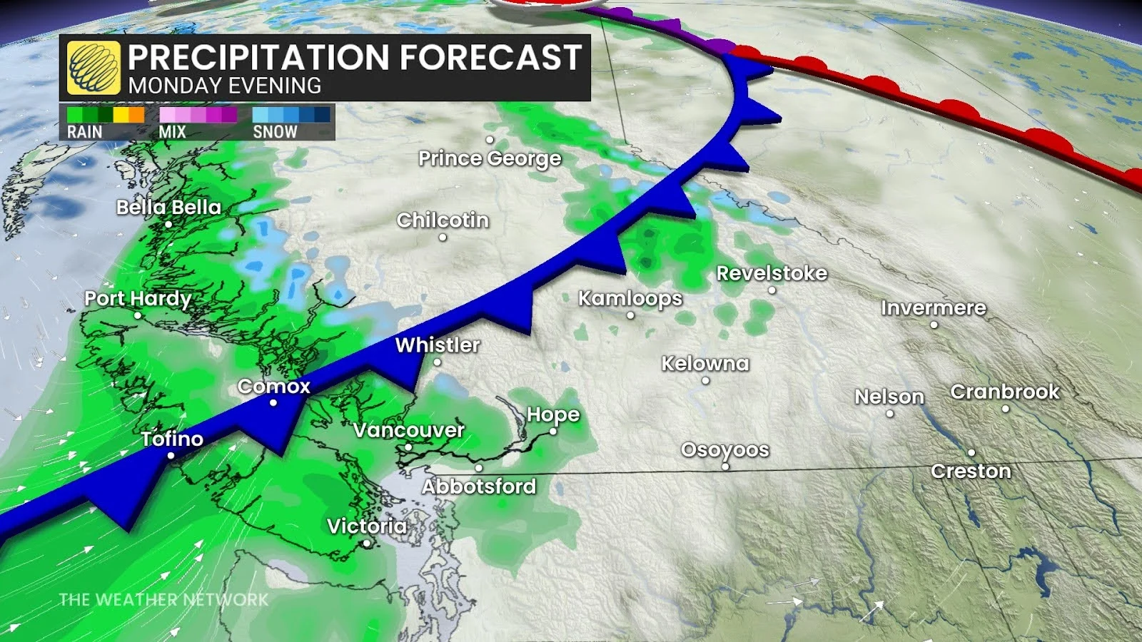 British Columbia precipitation Monday evening