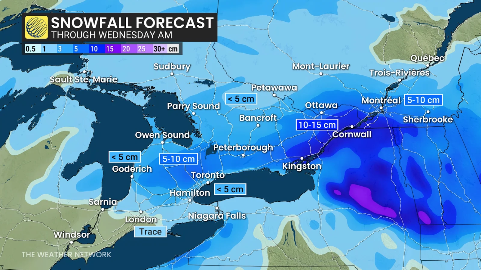 Ontario forecast snowfall totals through Wednesday morning - Jan. 6, 2026
