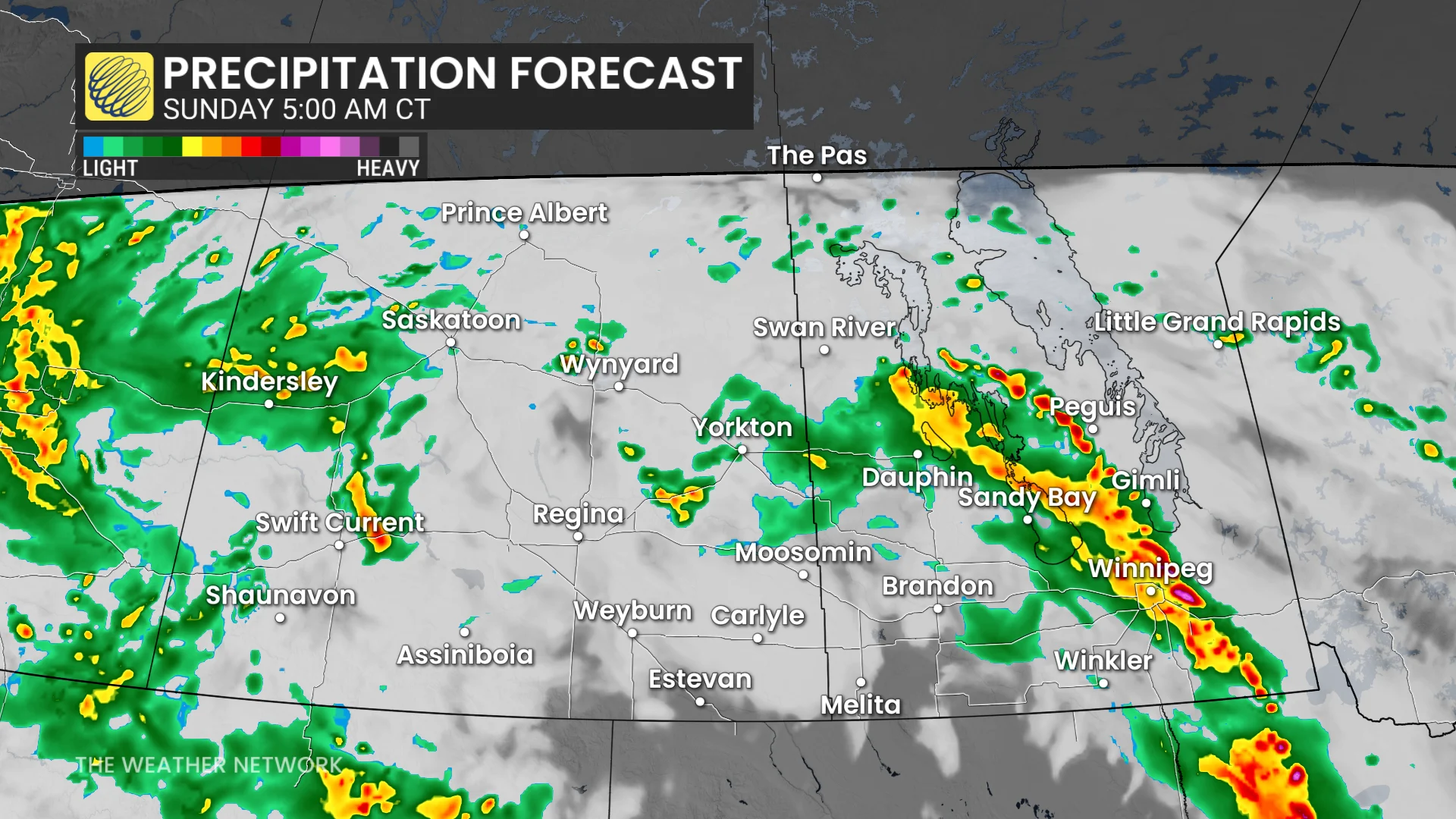 Prairies precipitation timing Sunday morning