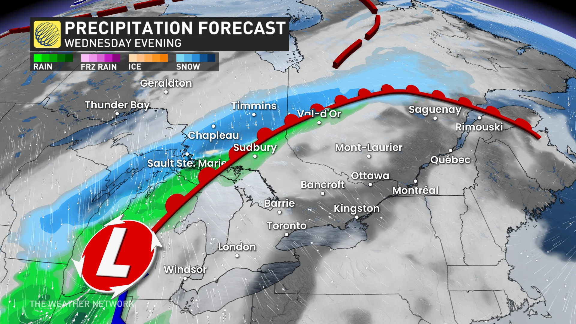 Ontario precipitation timing Wednesday evening
