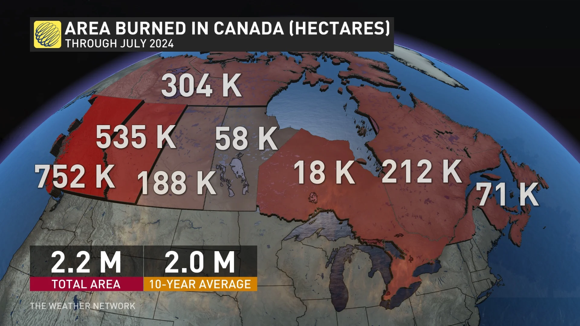 2024 wildfire areas burned in hectares in Canada (as of July 23)