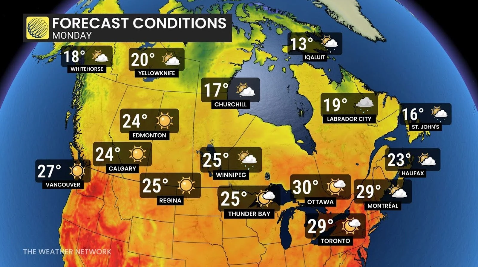Canada Monday forecast conditions and temperatures - June 25, 2025