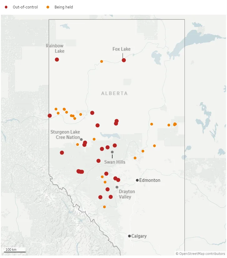CBC: Alberta wildfire control map as of May 11 at 7 am MT. Source: Alberta Wildfire (CBC)