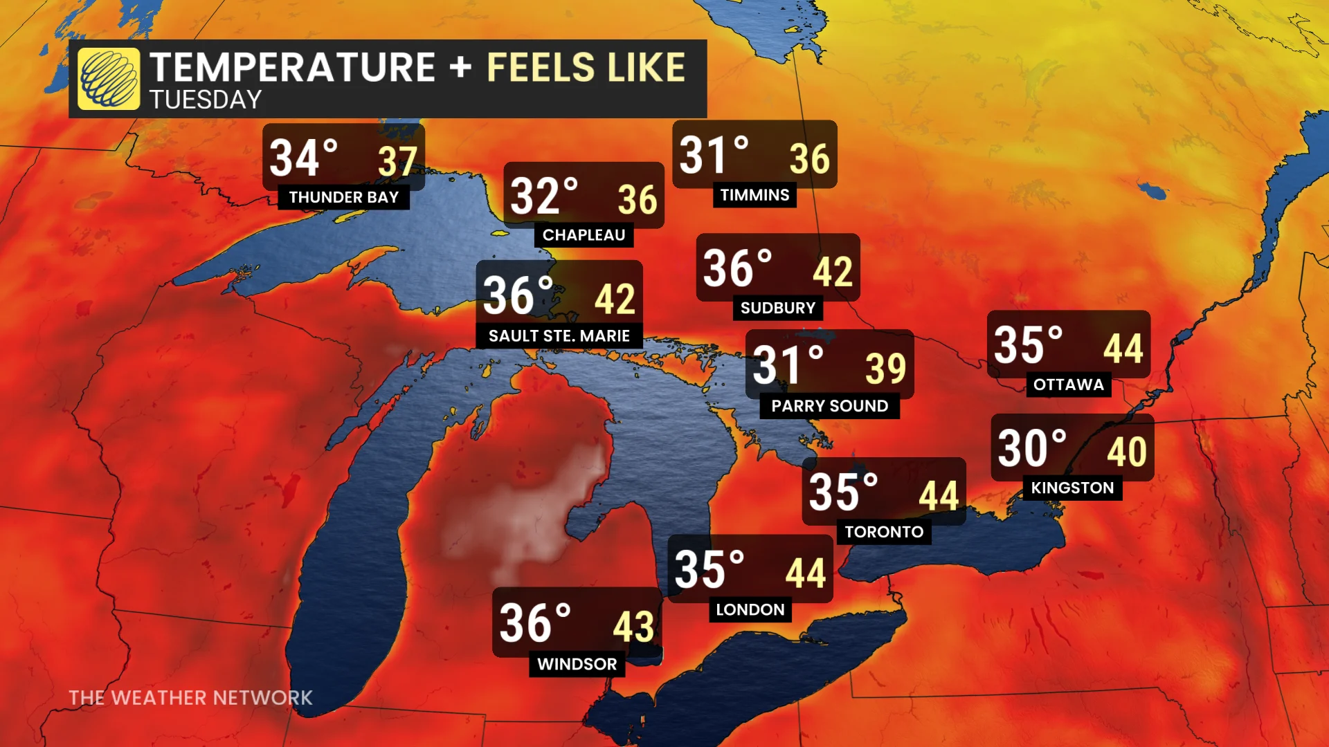 Ontario temperatures and feels-like values Tuesday