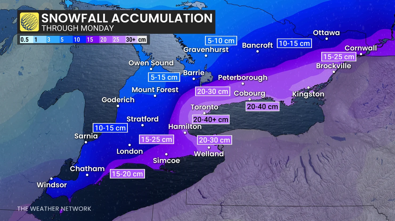 Southern Ontario Snowfall Outlook Through Monday