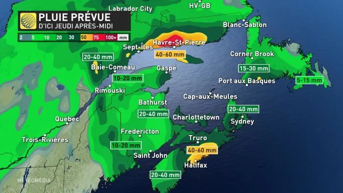 PLuie prévue est du Québec 19 octobre
