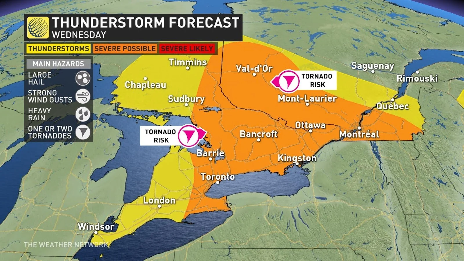 Ontario Quebec Wednesday storm risk map May 22 2024