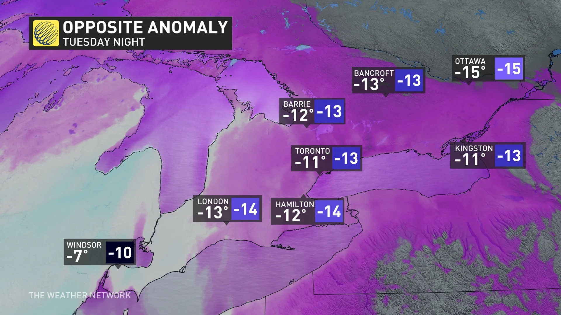 Opposite anomaly Tuesday night Ontario