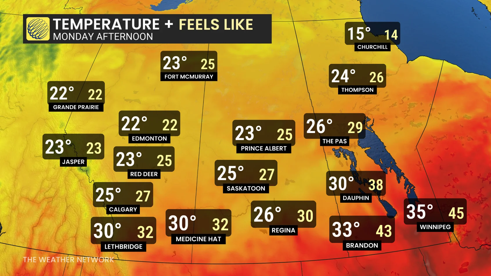 Prairies Monday forecast temperature and humidex - July 12, 2026