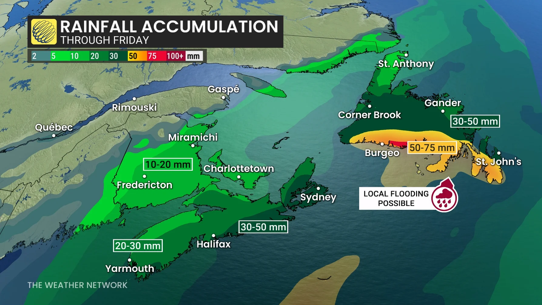 Atlantic Canada rainfall totals through Friday