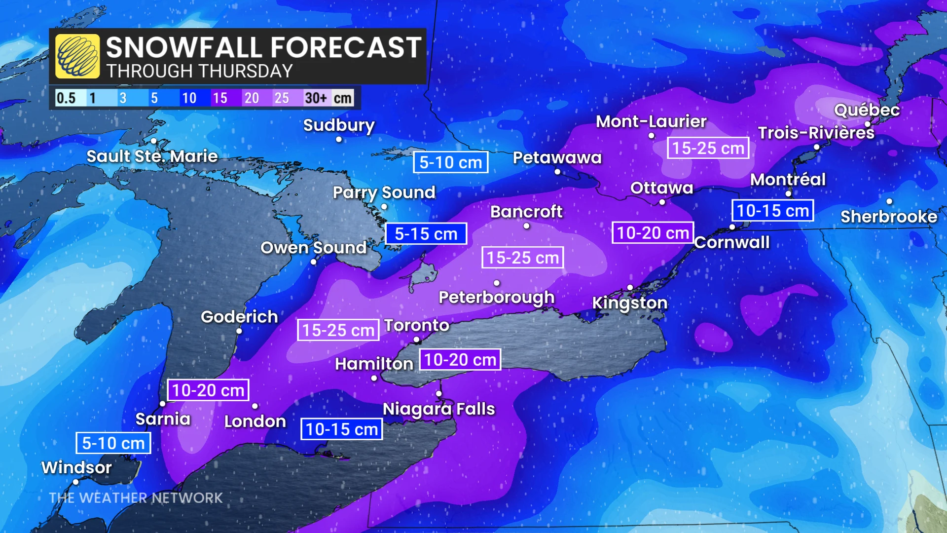 Ontario snowfall accumulation through Thursday