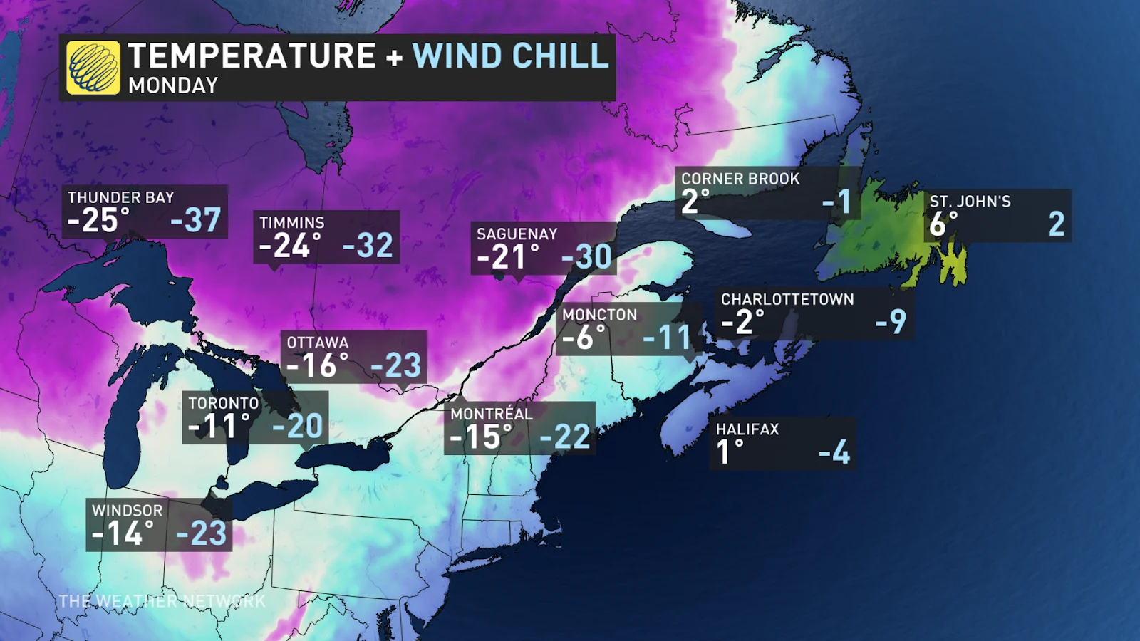 Temperature Wind Chill Eastern Canada Monday