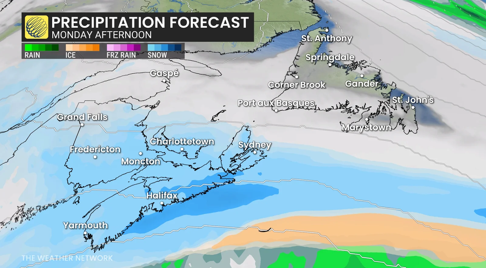 Atlantic Canada precipitation Monday afternoon