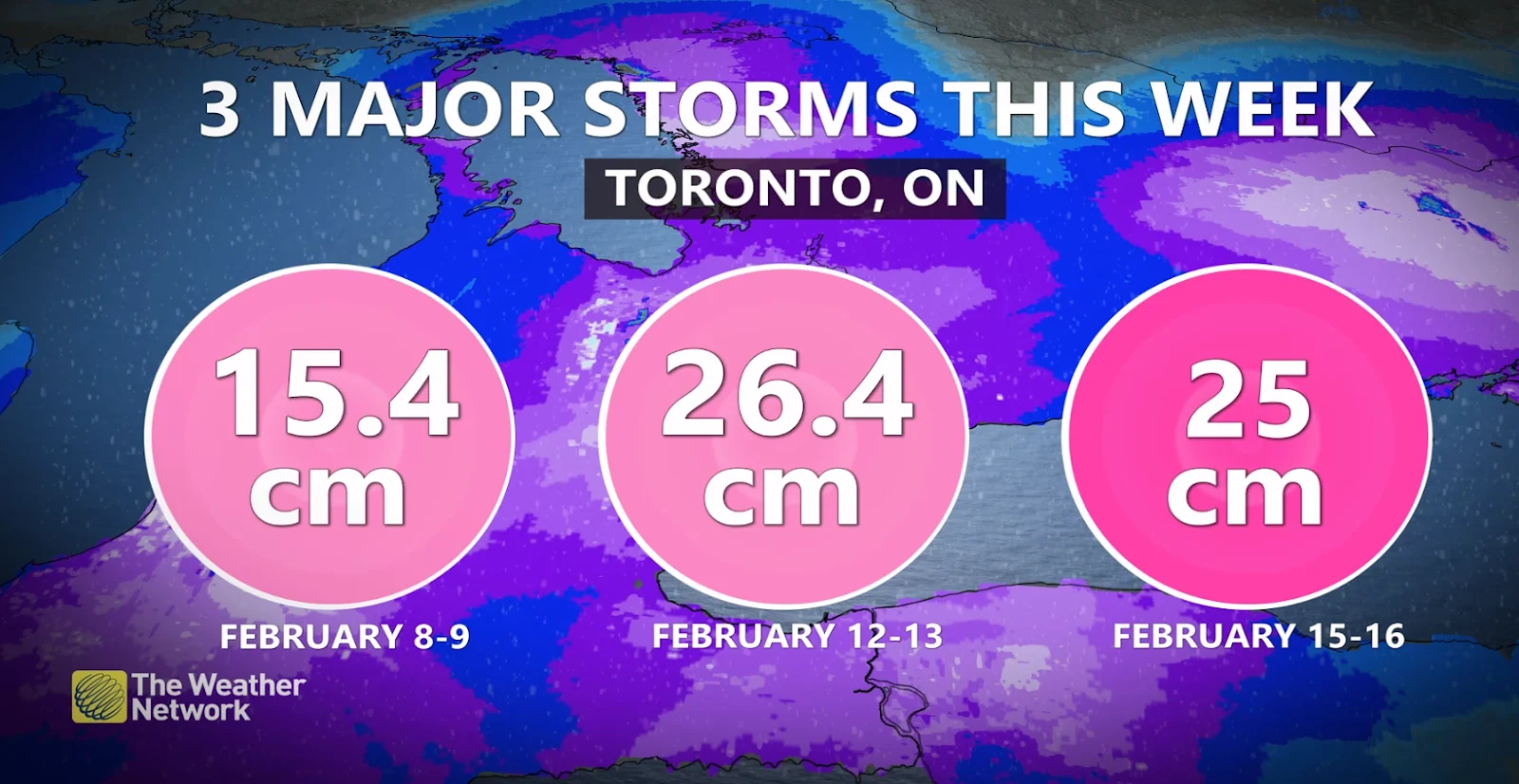 Toronto three snowstorm snow accumulations - Feb. 17, 2025