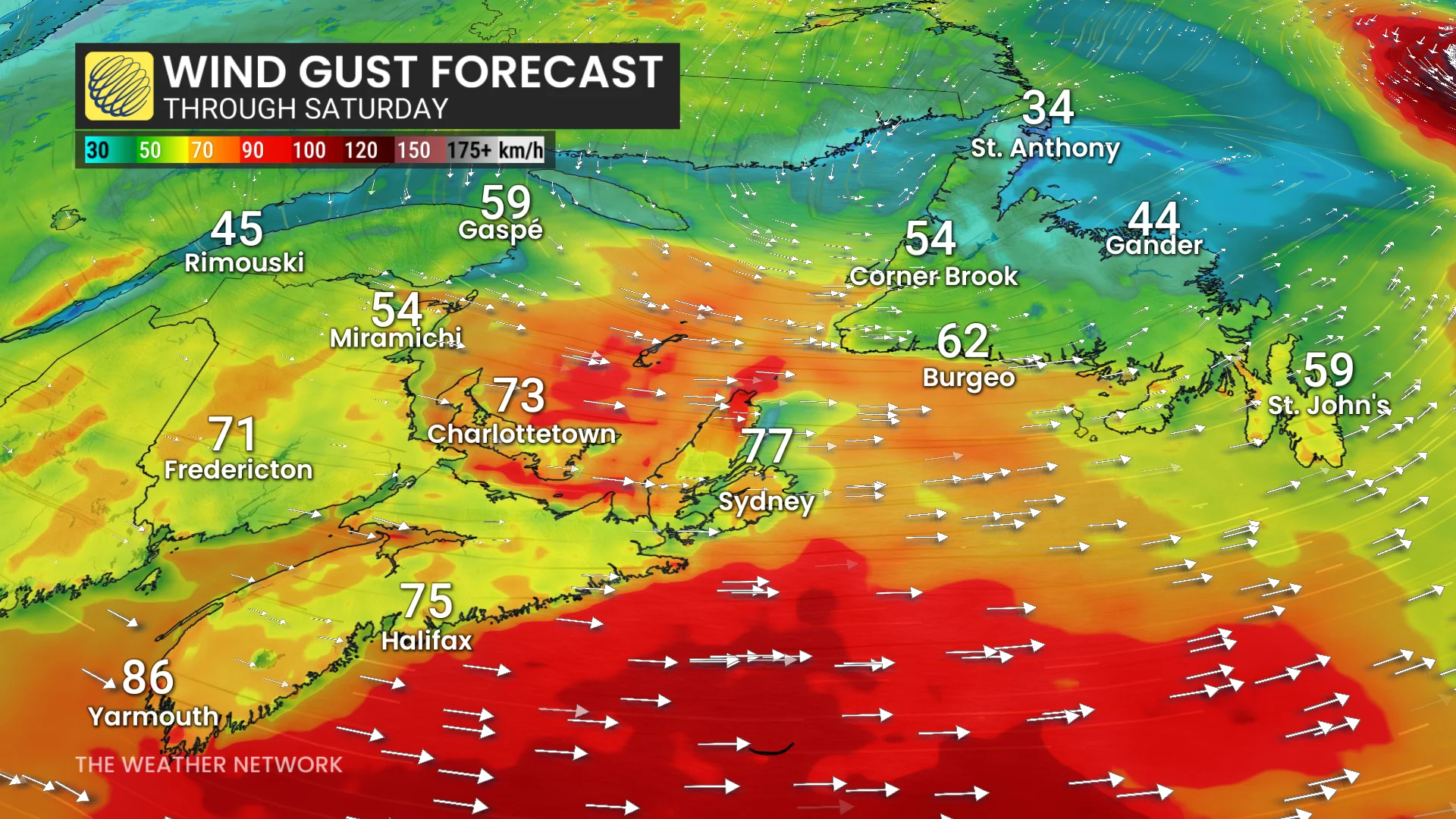 Atlantic Canada wind gust forecast Saturday